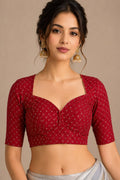 Red Banarasi Cotton Blouse Zig Zag Design Casual Festive Wear