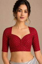 Red Banarasi Cotton Blouse Zig Zag Design Casual Festive Wear