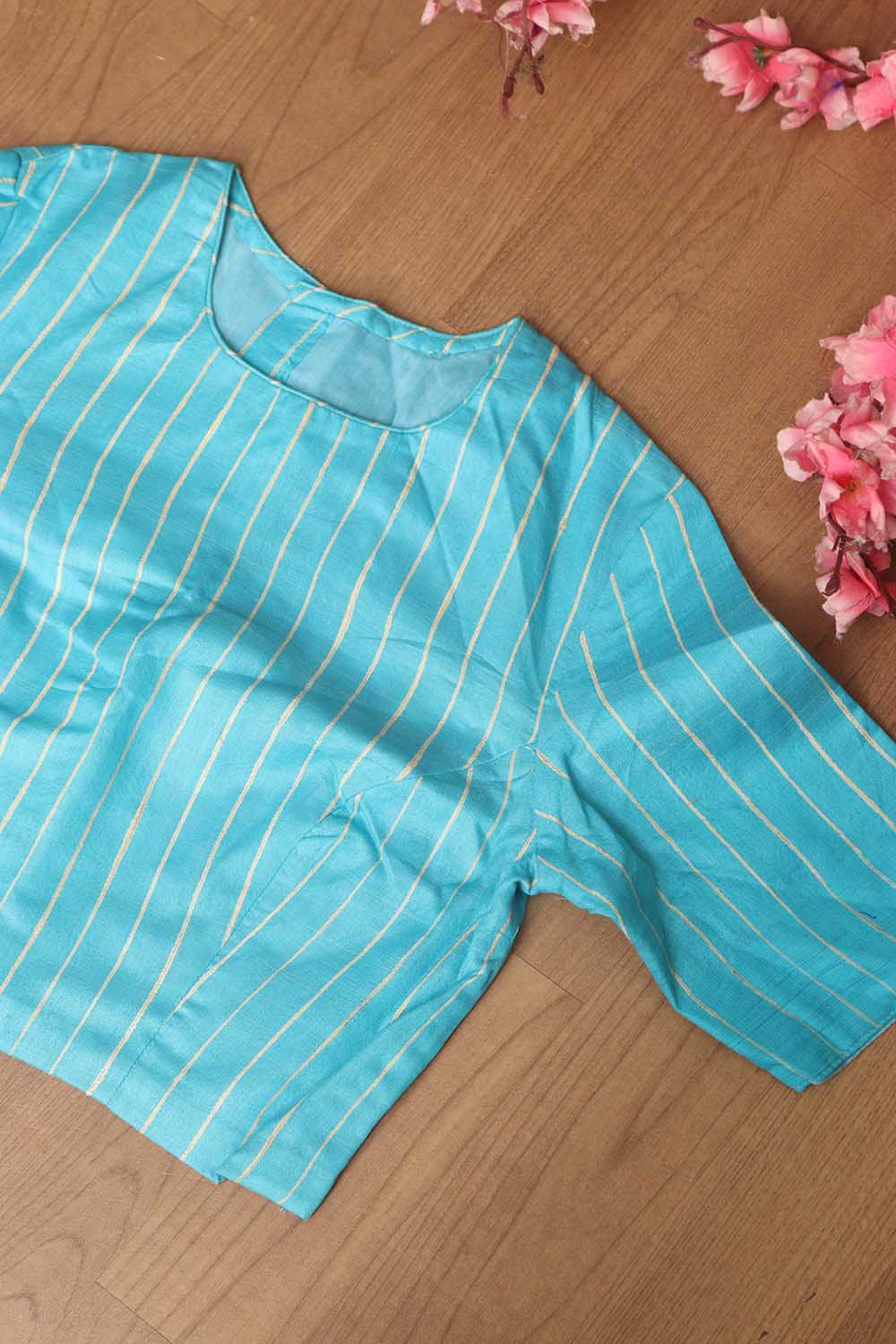 Blue Bhagalpur Pure Ghicha Tussar Silk High Neck Stripes Design Non Padded Blouse - Luxurion World