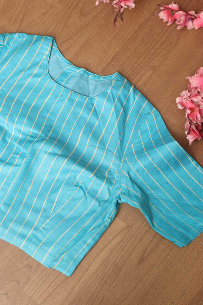 Blue Bhagalpur Pure Ghicha Tussar Silk High Neck Stripes Design Non Padded Blouse - Luxurion World