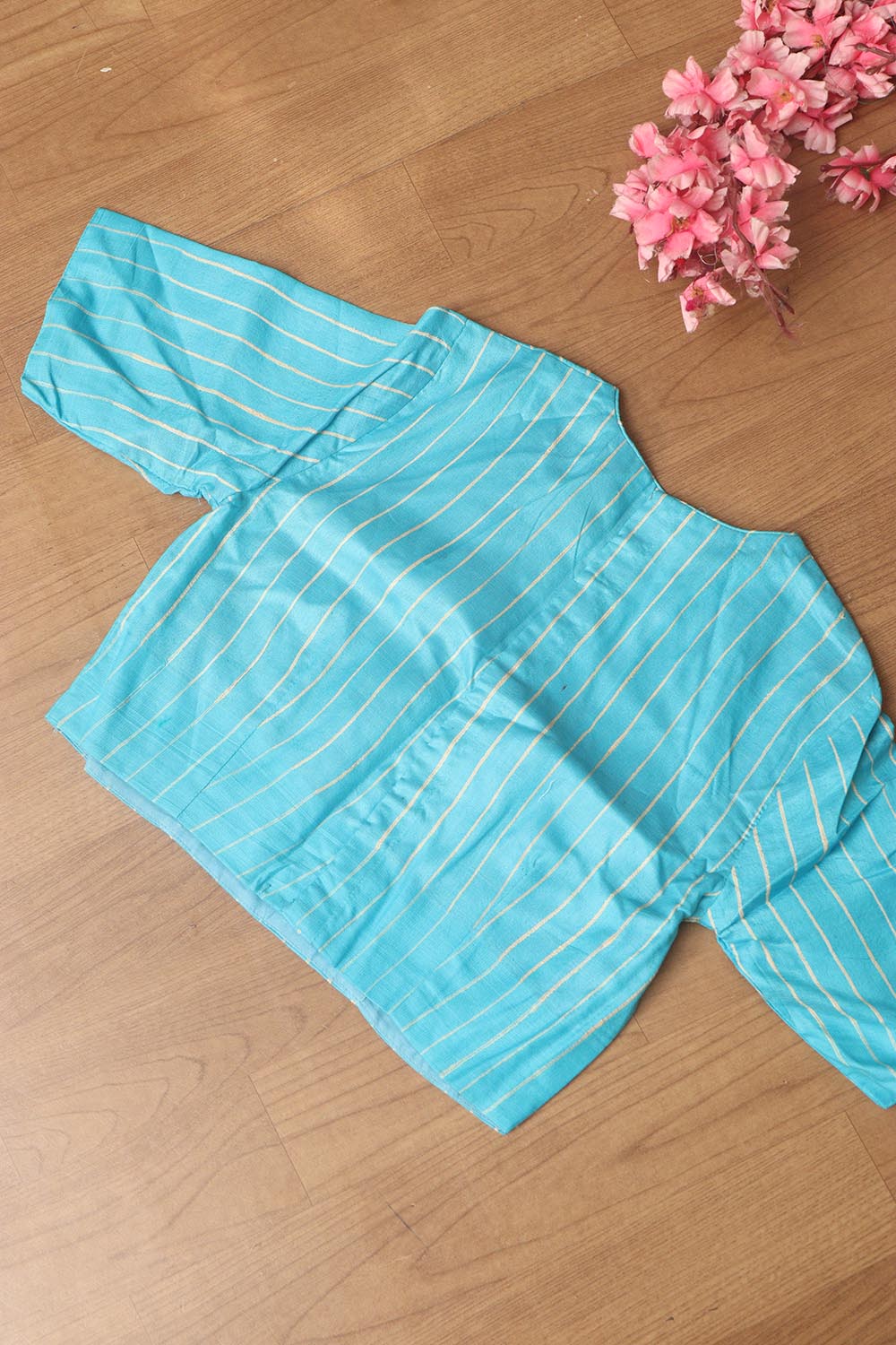 Blue Bhagalpur Pure Ghicha Tussar Silk High Neck Stripes Design Non Padded Blouse - Luxurion World