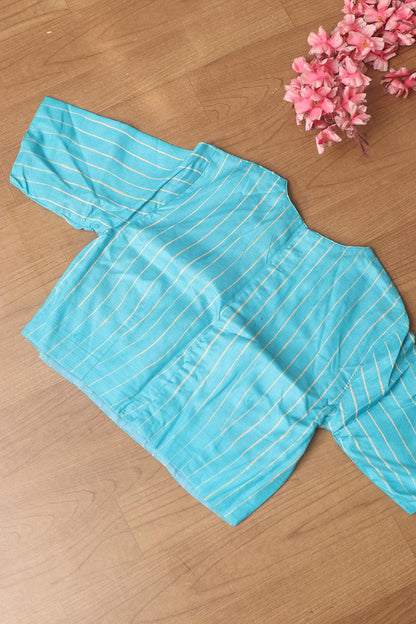 Blue Bhagalpur Pure Ghicha Tussar Silk High Neck Stripes Design Non Padded Blouse - Luxurion World