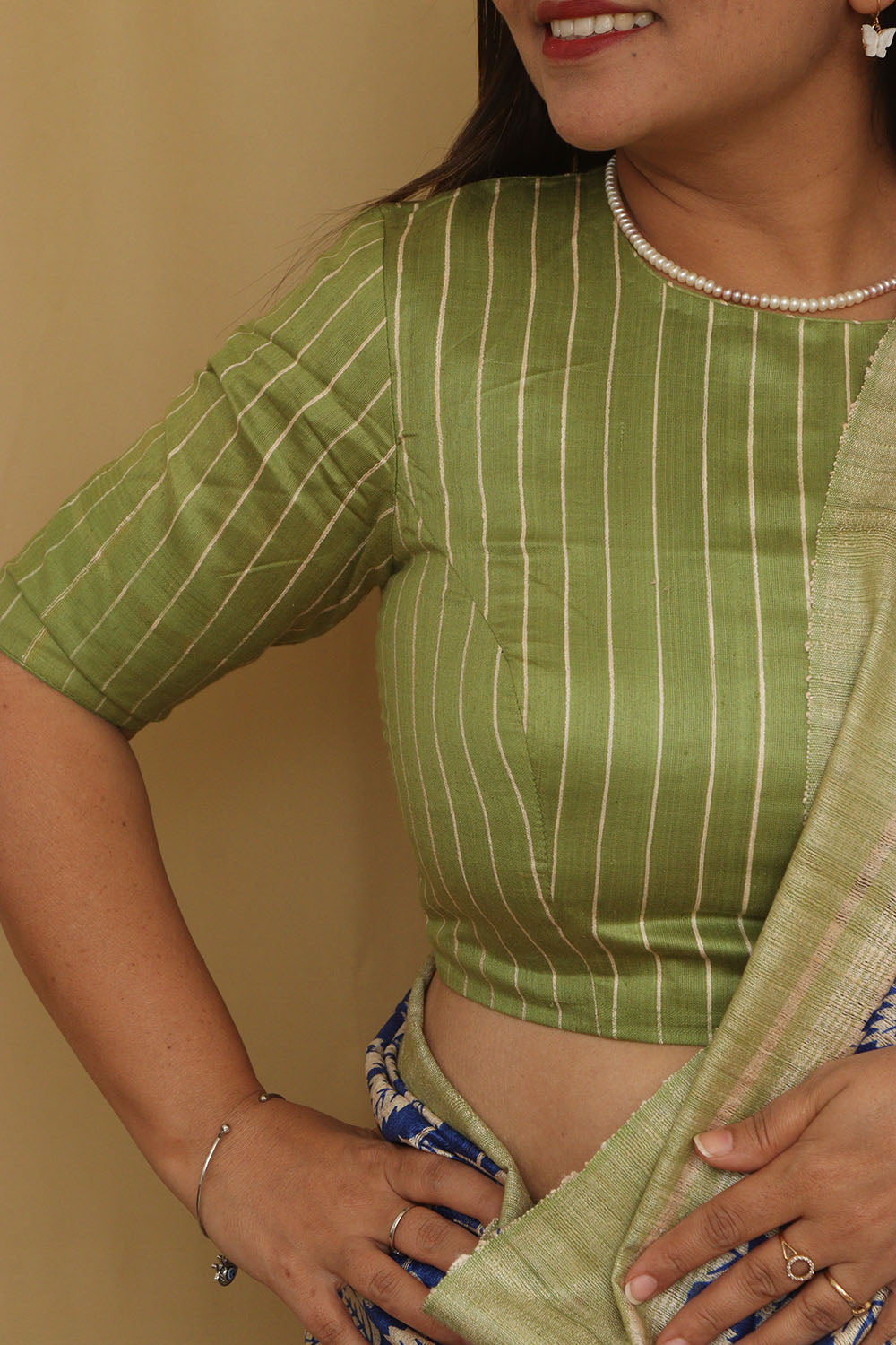 Green Bhagalpur Pure Ghicha Tussar Silk High Neck Stripes Design Non Padded Blouse - Luxurion World
