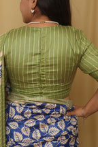 Green Bhagalpur Pure Ghicha Tussar Silk High Neck Stripes Design Non Padded Blouse - Luxurion World