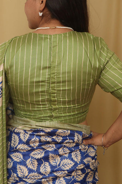 Green Bhagalpur Pure Ghicha Tussar Silk High Neck Stripes Design Non Padded Blouse - Luxurion World