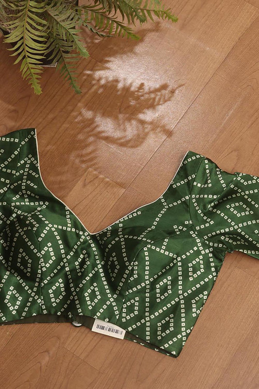 Green Digital Printed Bandhani Design Modal Silk V Neck Padded Blouse