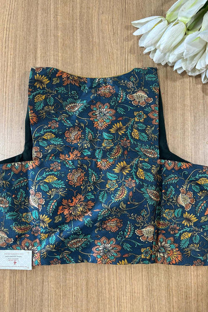 Blue Digital Printed Tussar Silk Non Padded Blouse - Luxurion World
