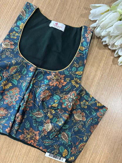 Blue Digital Printed Tussar Silk Non Padded Blouse - Luxurion World