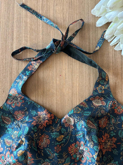 Blue Digital Printed Tussar Silk Non Padded Blouse - Luxurion World