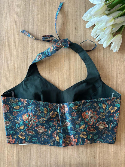 Blue Digital Printed Tussar Silk Non Padded Blouse - Luxurion World