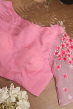 Pink Hand Painted Pure Organza Silk Boat Neck Padded Stitched Blouse - Luxurion World
