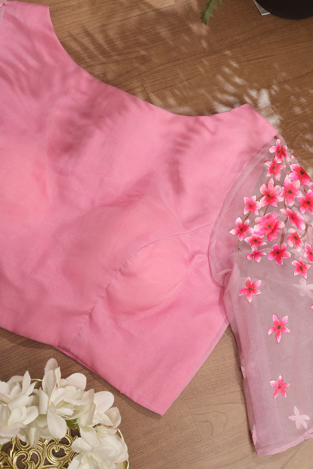Pink Hand Painted Pure Organza Silk Boat Neck Padded Stitched Blouse - Luxurion World