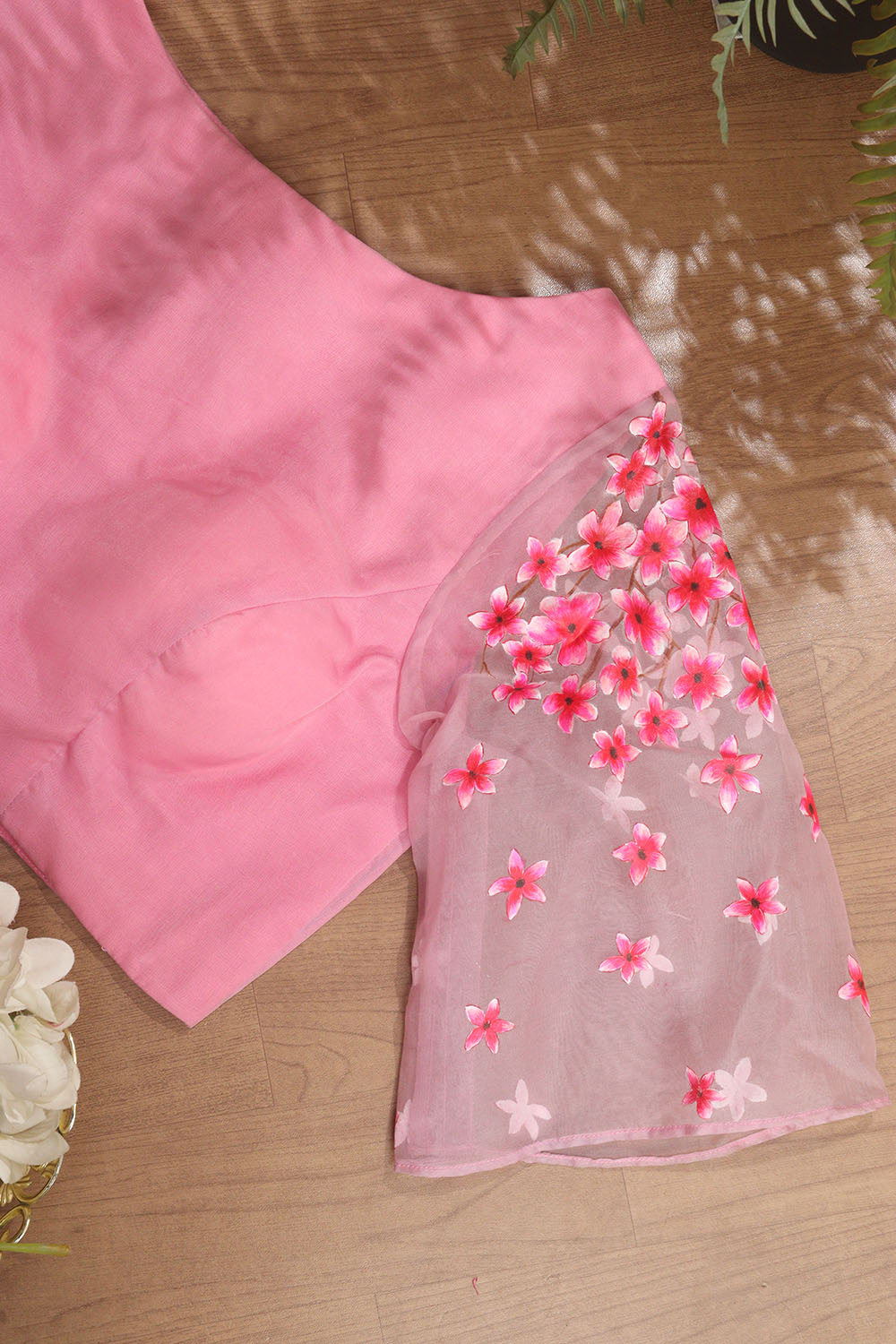 Pink Hand Painted Organza Silk Blouse: Boat Neck, Padded Stitched