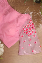 Pink Hand Painted Pure Organza Silk Boat Neck Padded Stitched Blouse - Luxurion World