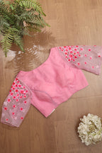 Pink Hand Painted Pure Organza Silk Boat Neck Padded Stitched Blouse - Luxurion World