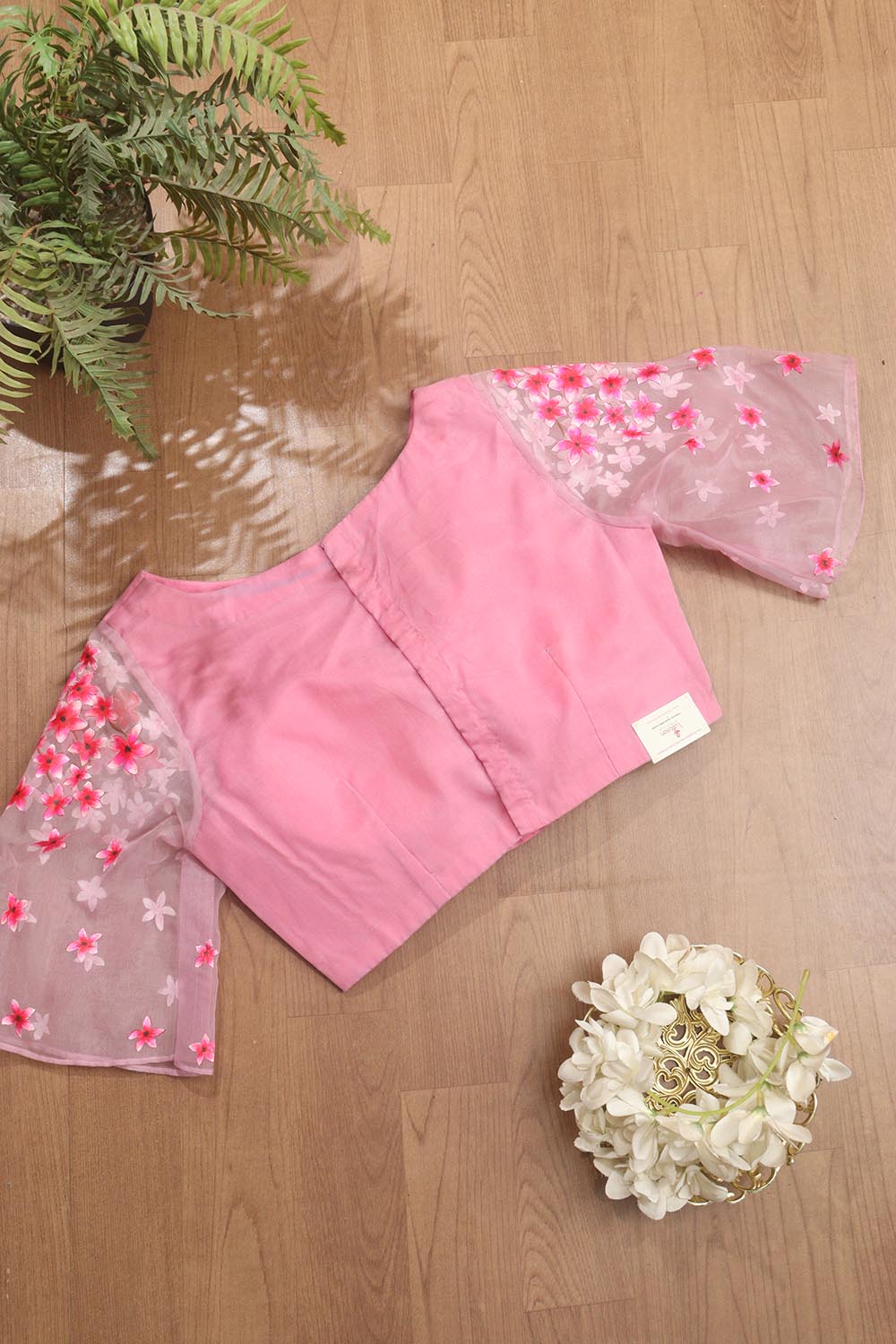 Pink Hand Painted Pure Organza Silk Boat Neck Padded Stitched Blouse - Luxurion World