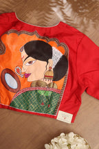 Red Hand Painted Pure Silk V Neck Non Padded Stitched Blouse - Luxurion World