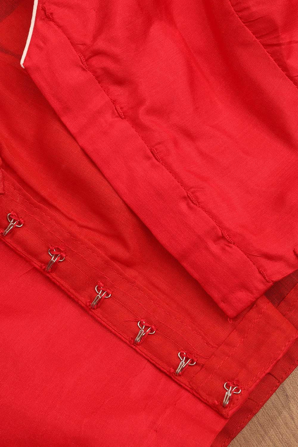 Red Hand Painted Pure Silk V Neck Non Padded Stitched Blouse