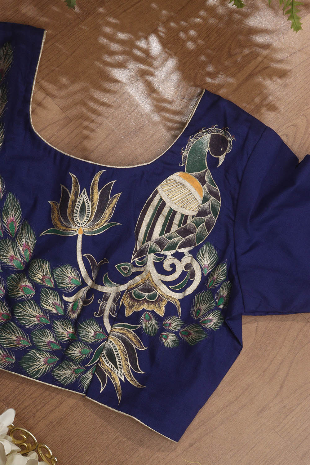 Blue Hand Painted Cotton Silk Peacock Design U Neck Non Padded Stitched Blouse