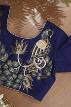 Blue Hand Painted Cotton Silk Peacock Design U Neck Non Padded Stitched Blouse - Luxurion World