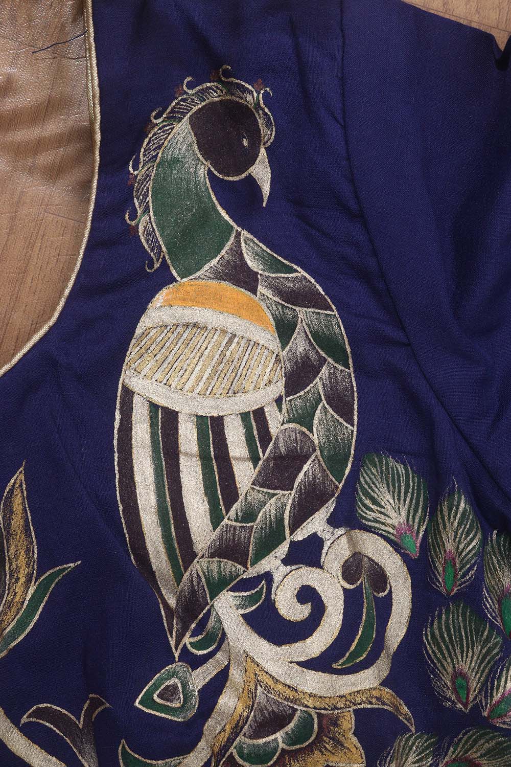 Blue Hand Painted Cotton Silk Peacock Design U Neck Non Padded Stitched Blouse - Luxurion World