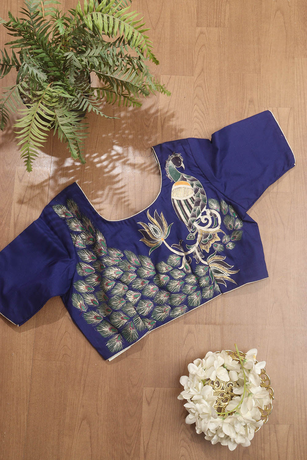Blue Hand Painted Cotton Silk Peacock Design U Neck Non Padded Stitched Blouse - Luxurion World