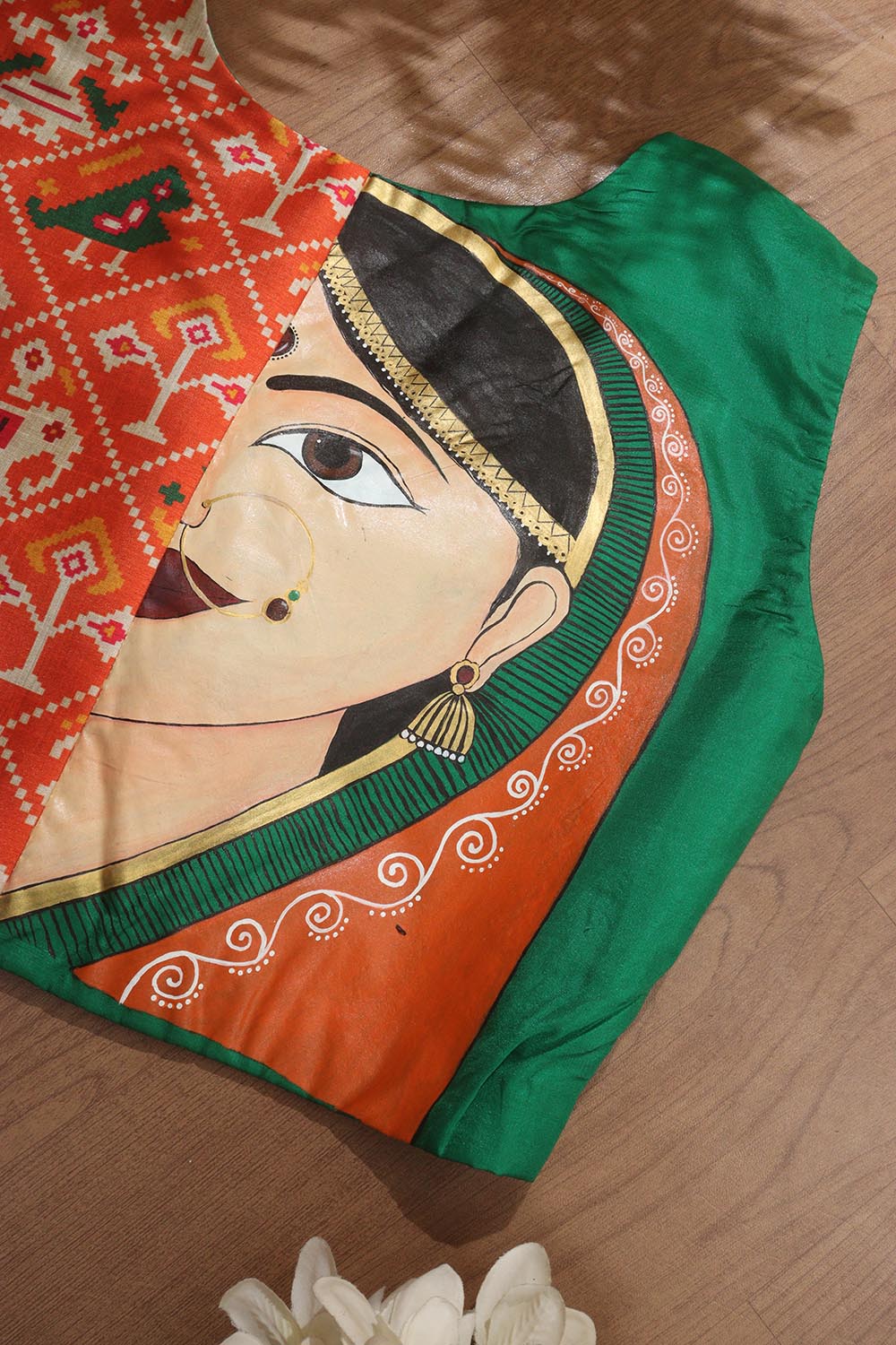 Green Patola And Hand Painted Pure Silk U Neck Non Padded Stitched Blouse - Luxurion World