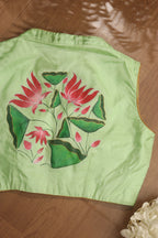 Green Hand Painted Pure Silk V Neck Non Padded Stitched Blouse - Luxurion World