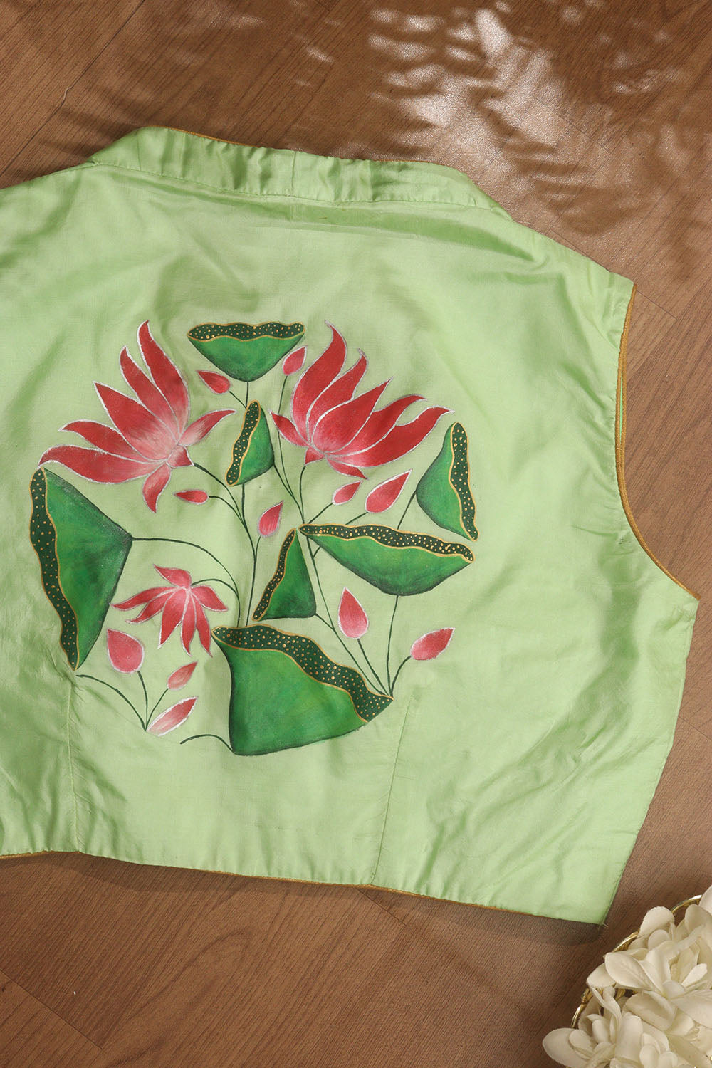 Green Hand Painted Pure Silk V Neck Non Padded Stitched Blouse - Luxurion World