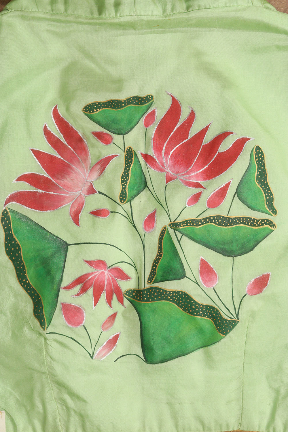 Green Hand Painted Pure Silk V Neck Non Padded Stitched Blouse - Luxurion World