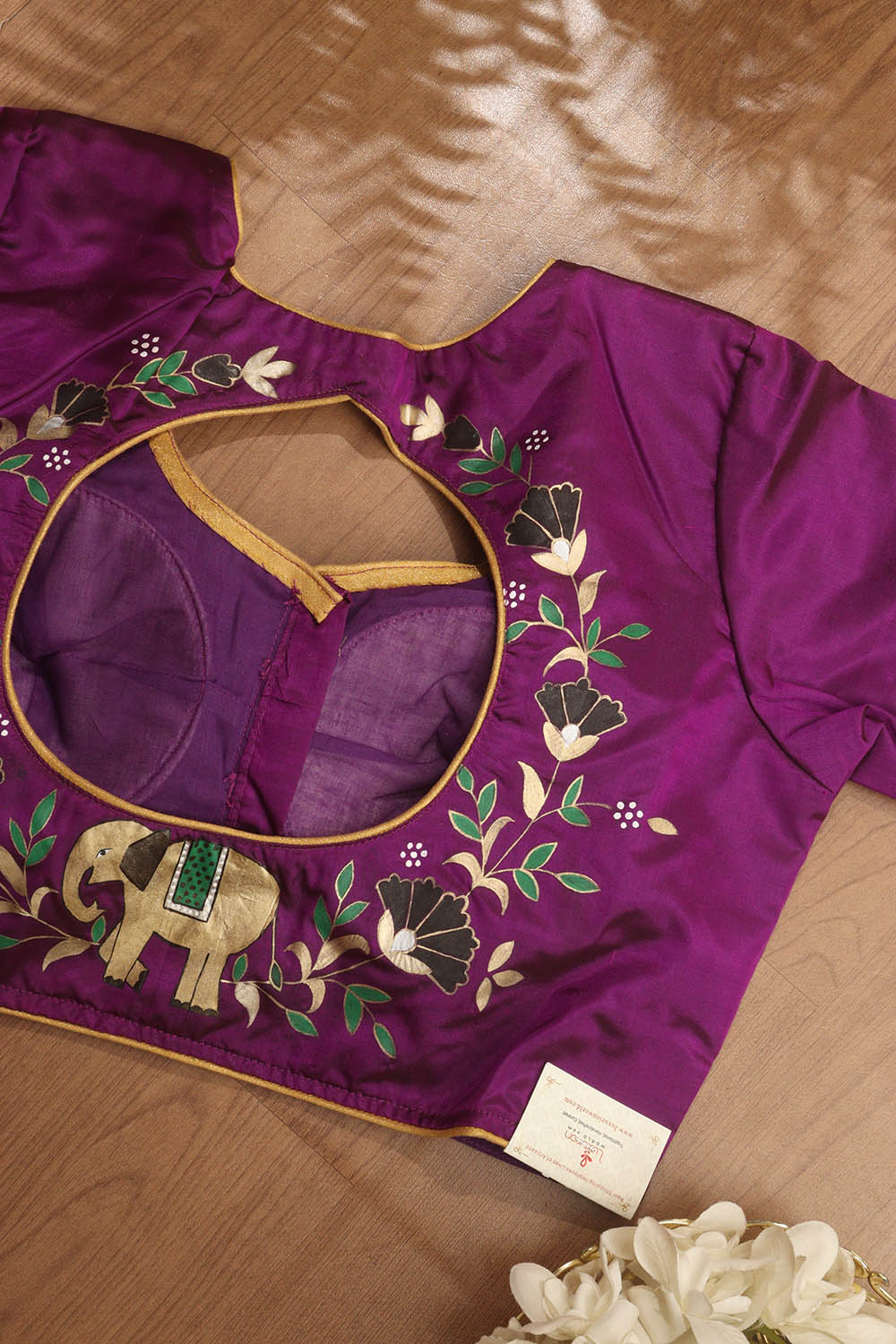 Purple Hand Painted Pure Silk U Neck Padded Stitched Blouse - Luxurion World