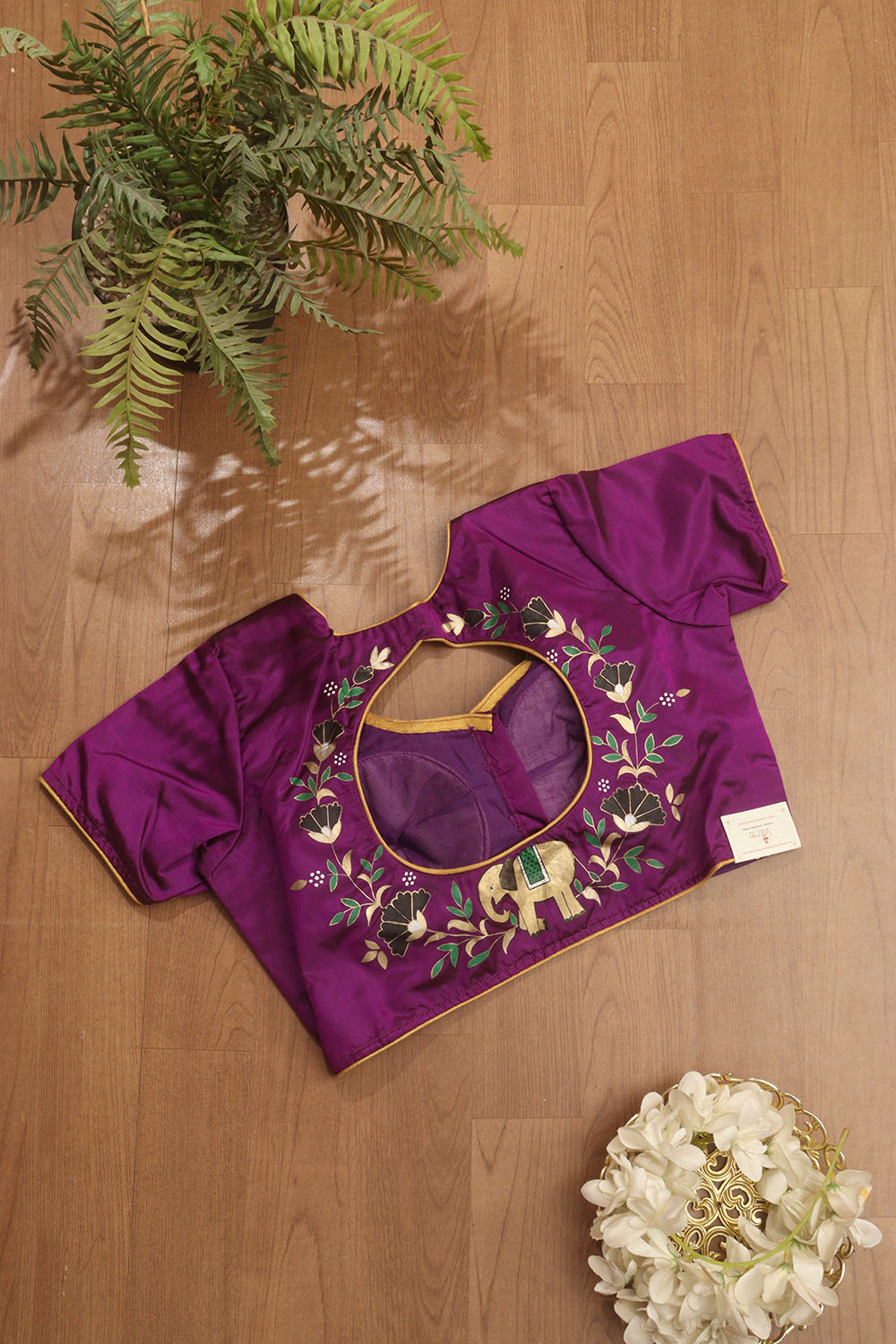Purple Hand Painted Pure Silk U Neck Padded Stitched Blouse - Luxurion World