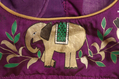 Purple Hand Painted Pure Silk U Neck Padded Stitched Blouse - Luxurion World