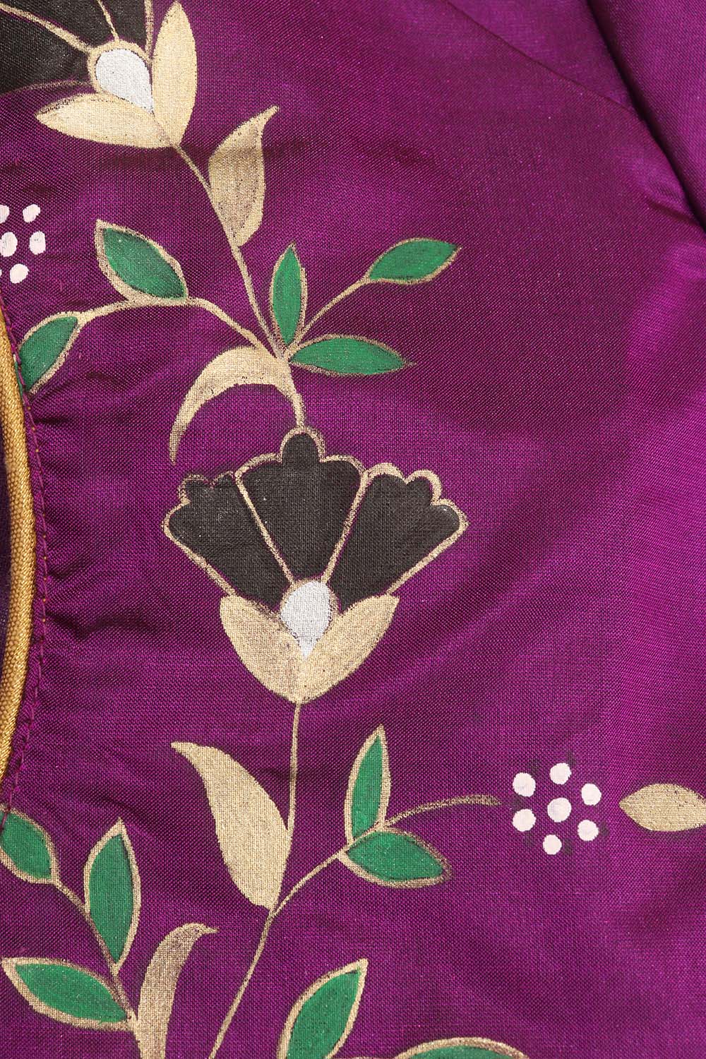 Purple Hand Painted Pure Silk U Neck Padded Stitched Blouse - Luxurion World