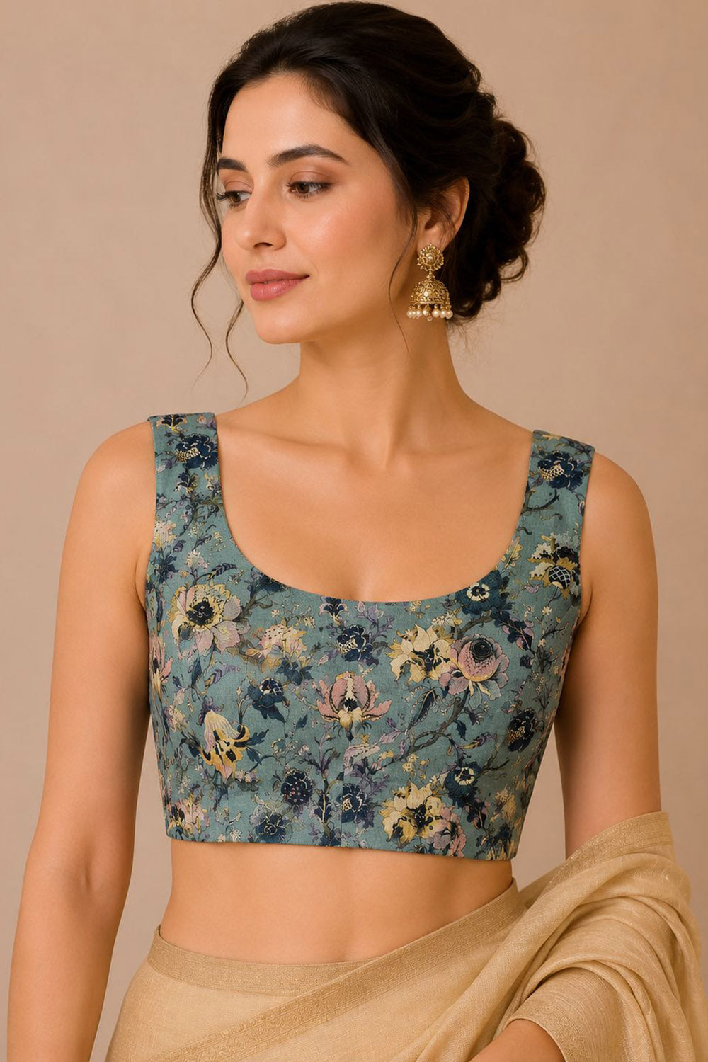 IB1K126071001 Blue Digital Printed Kalamkari Design Tussar Silk Blouse