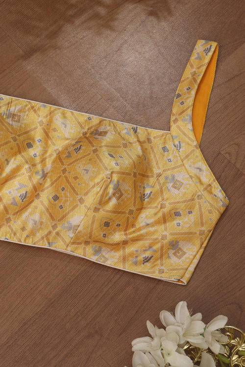 Yellow Digital Printed Patola Design Tussar Silk Singlet Padded Blouse - Luxurion World