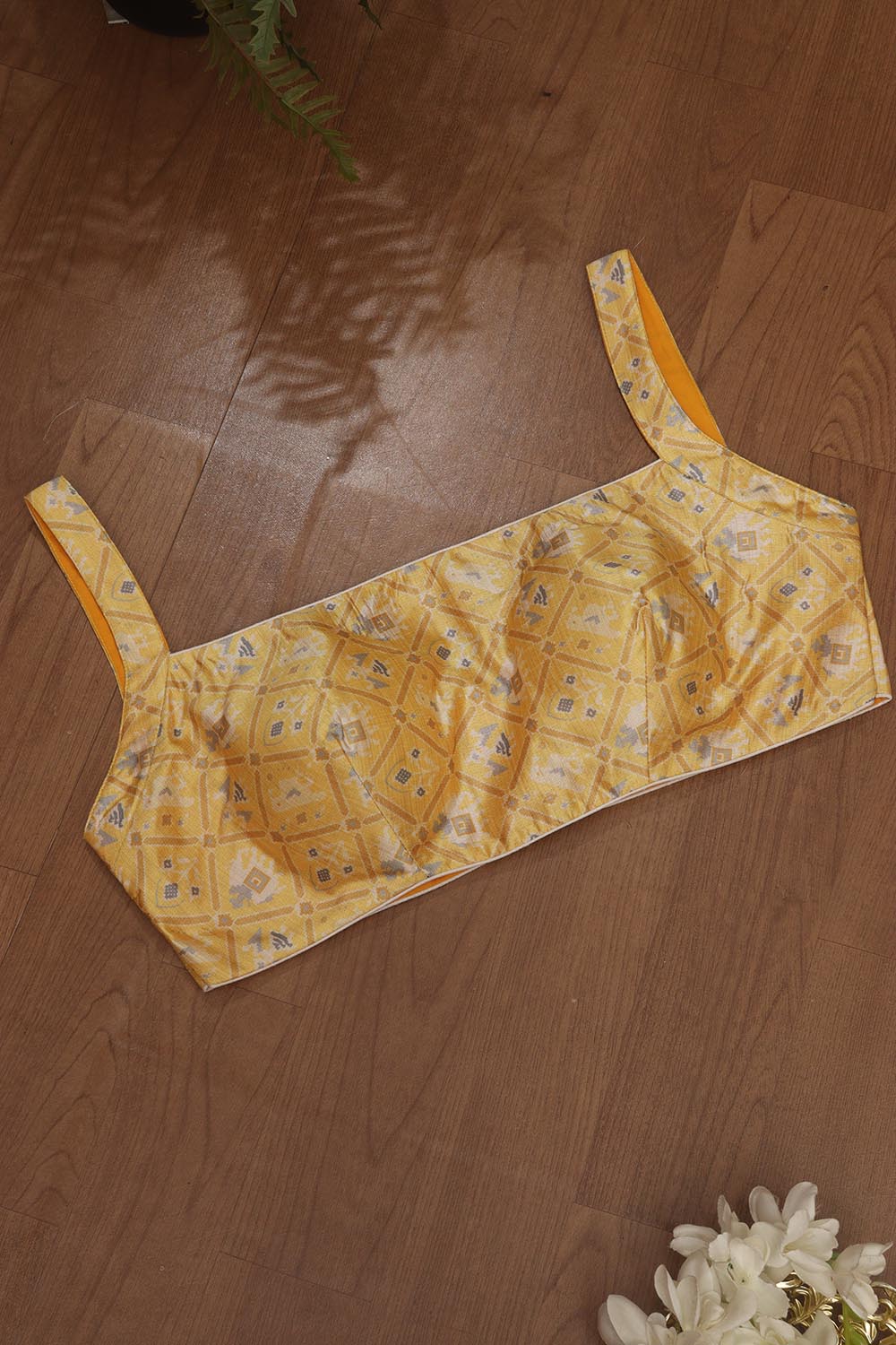 Yellow Digital Printed Patola Design Tussar Silk Singlet Padded Blouse - Luxurion World