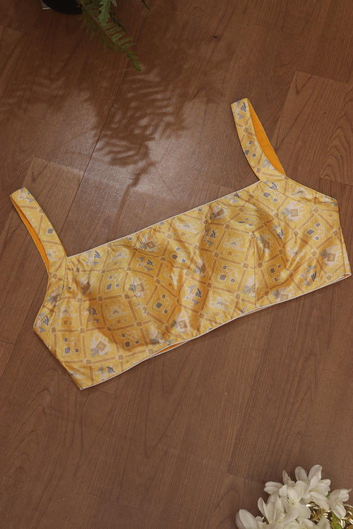 Yellow Digital Printed Patola Design Tussar Silk Singlet Padded Blouse - Luxurion World