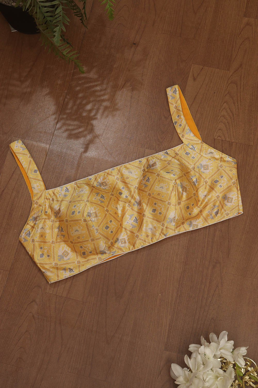 Yellow Digital Printed Patola Design Tussar Silk Singlet Padded Blouse - Luxurion World
