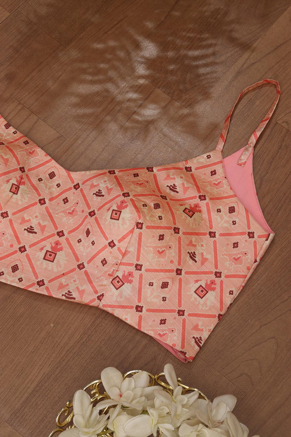 Pink Digital Printed Patola Design Tussar Silk Singlet Padded Blouse - Luxurion World
