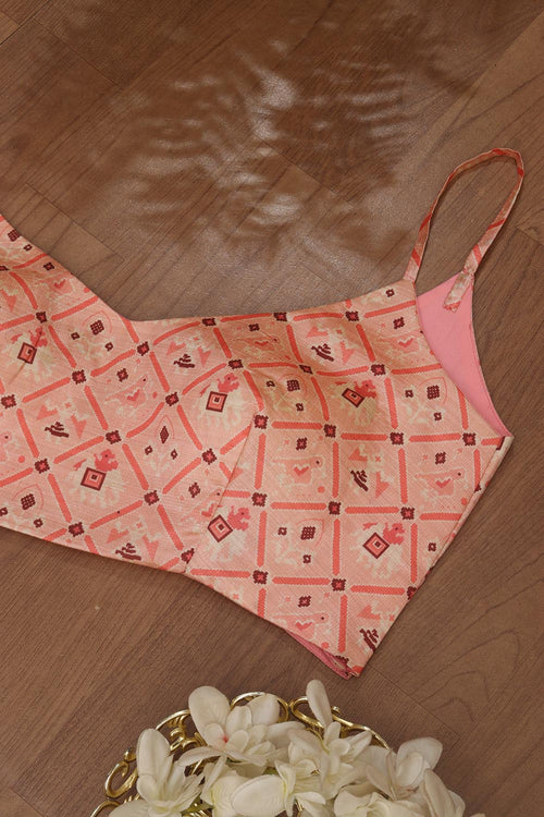 Pink Digital Printed Patola Design Tussar Silk Singlet Padded Blouse - Luxurion World