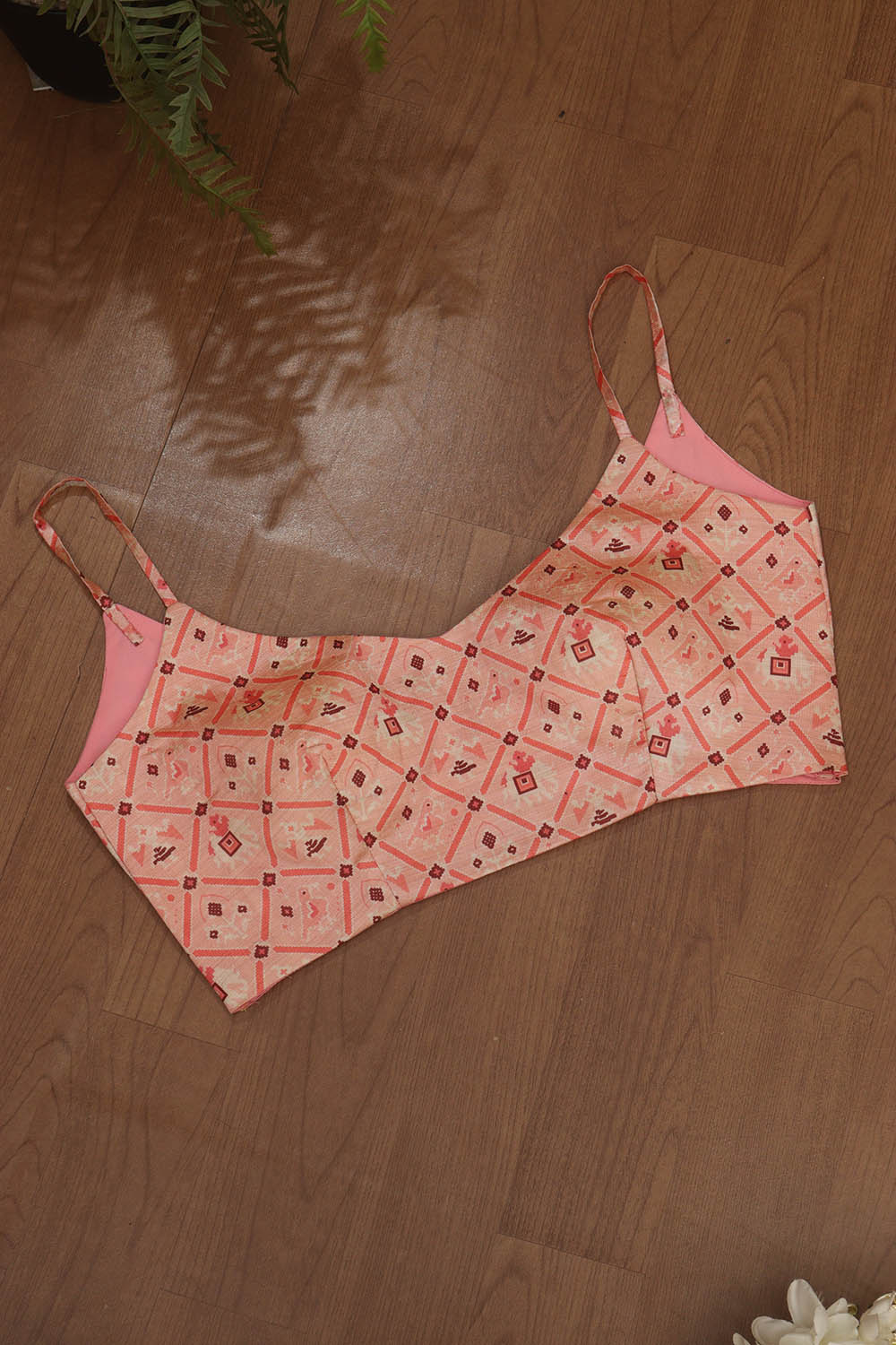 Pink Digital Printed Patola Design Tussar Silk Singlet Padded Blouse - Luxurion World