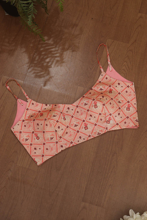 Pink Digital Printed Patola Design Tussar Silk Singlet Padded Blouse - Luxurion World