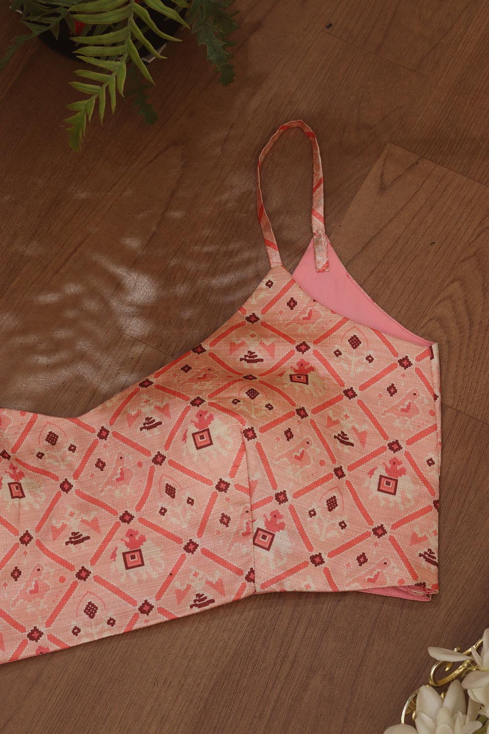 Pink Digital Printed Patola Design Tussar Silk Singlet Padded Blouse - Luxurion World