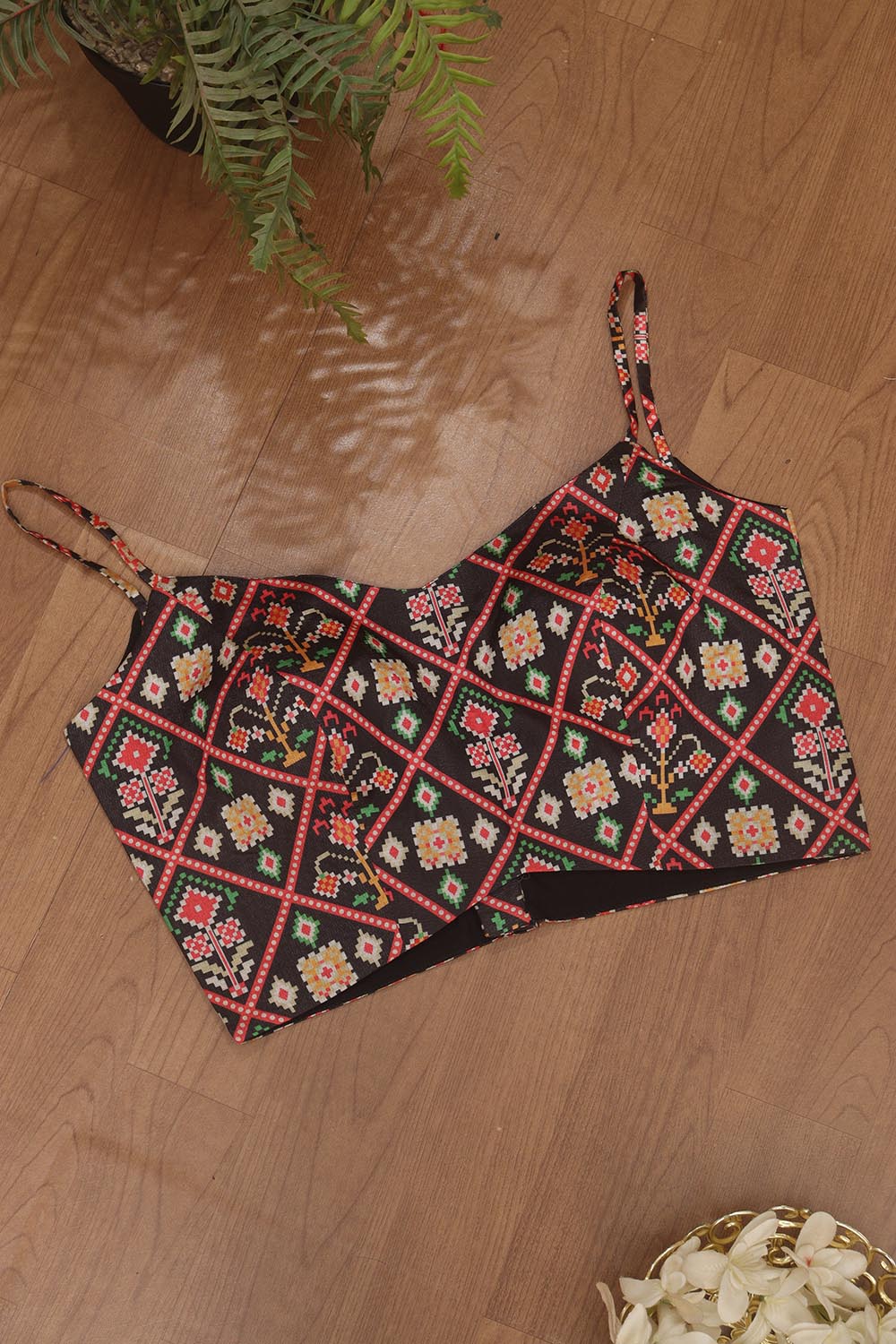 Black Digital Printed Patola Design Tussar Silk Singlet Padded Blouse - Luxurion World