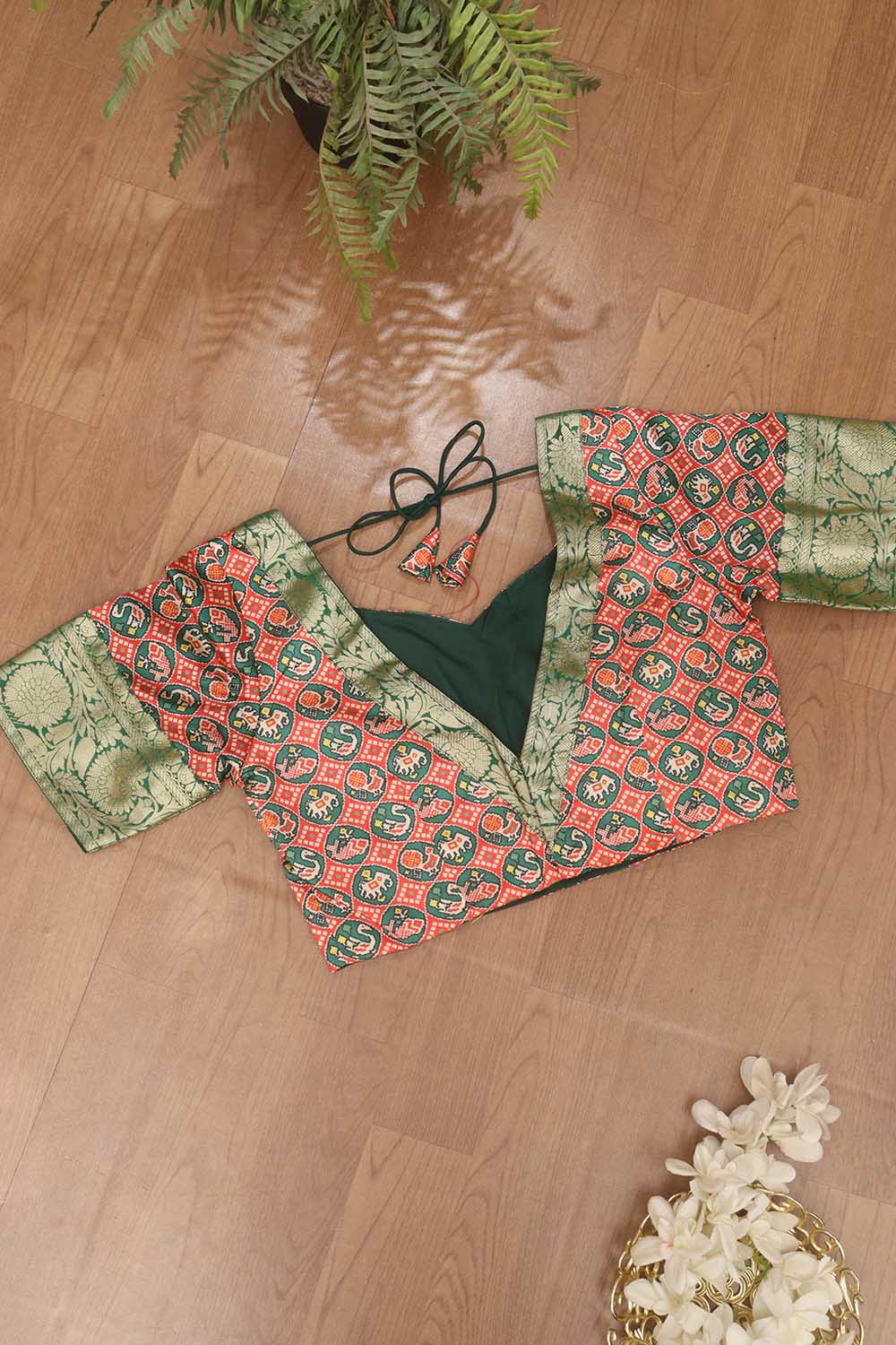Red Digital Printed Patola Design Tussar Silk Sweetheart Neck Blouse With Banarasi Silk Lace - Luxurion World