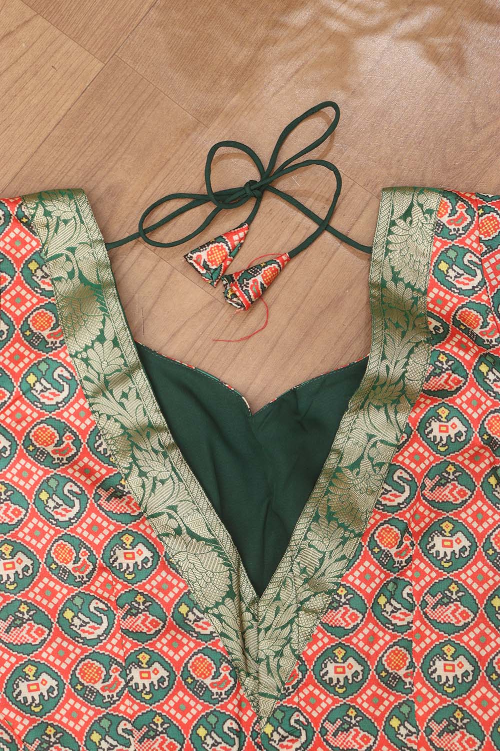 Red Digital Printed Patola Design Tussar Silk Sweetheart Neck Blouse With Banarasi Silk Lace - Luxurion World