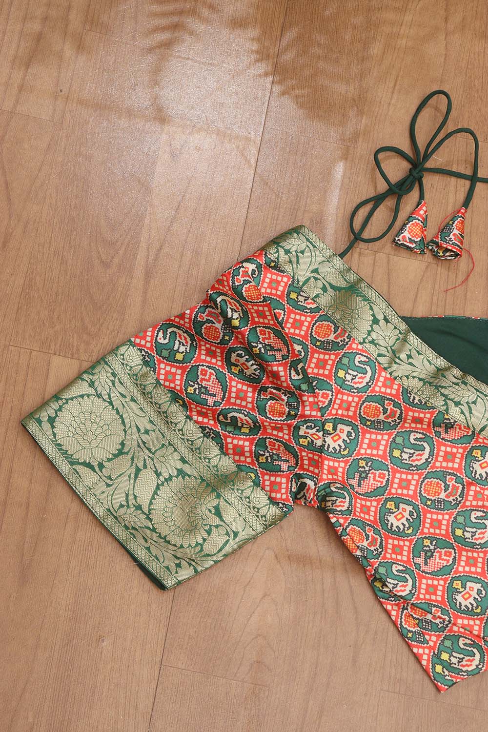 Red Digital Printed Patola Design Tussar Silk Sweetheart Neck Blouse With Banarasi Silk Lace - Luxurion World