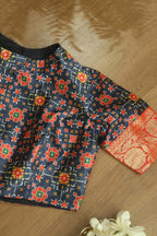 Blue Digital Printed Patola Design Tussar Silk High Neck Blouse With Banarasi Silk Lace - Luxurion World