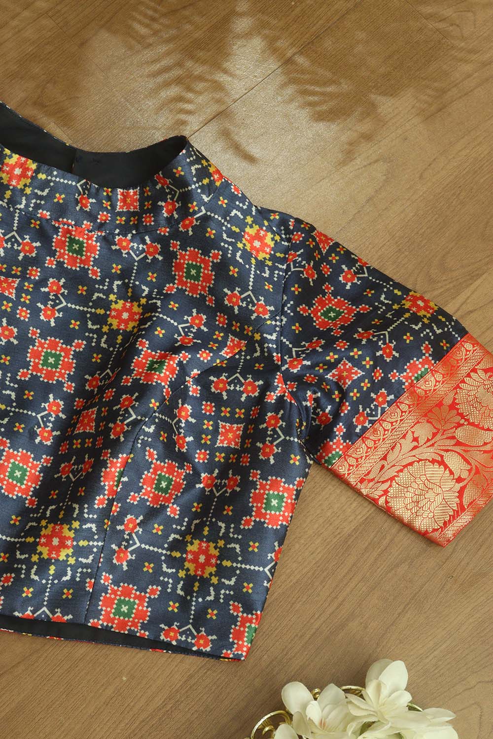 Blue Digital Printed Patola Design Tussar Silk High Neck Blouse With Banarasi Silk Lace - Luxurion World